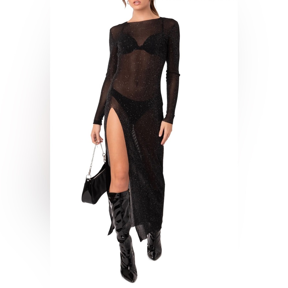 Edikted Glitter Mesh Slit Maxi Dress